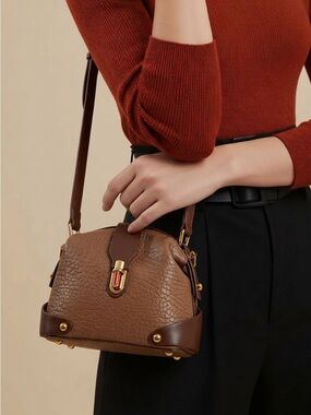 Structured Brown Textured Satchel Bag with Gold Hardware